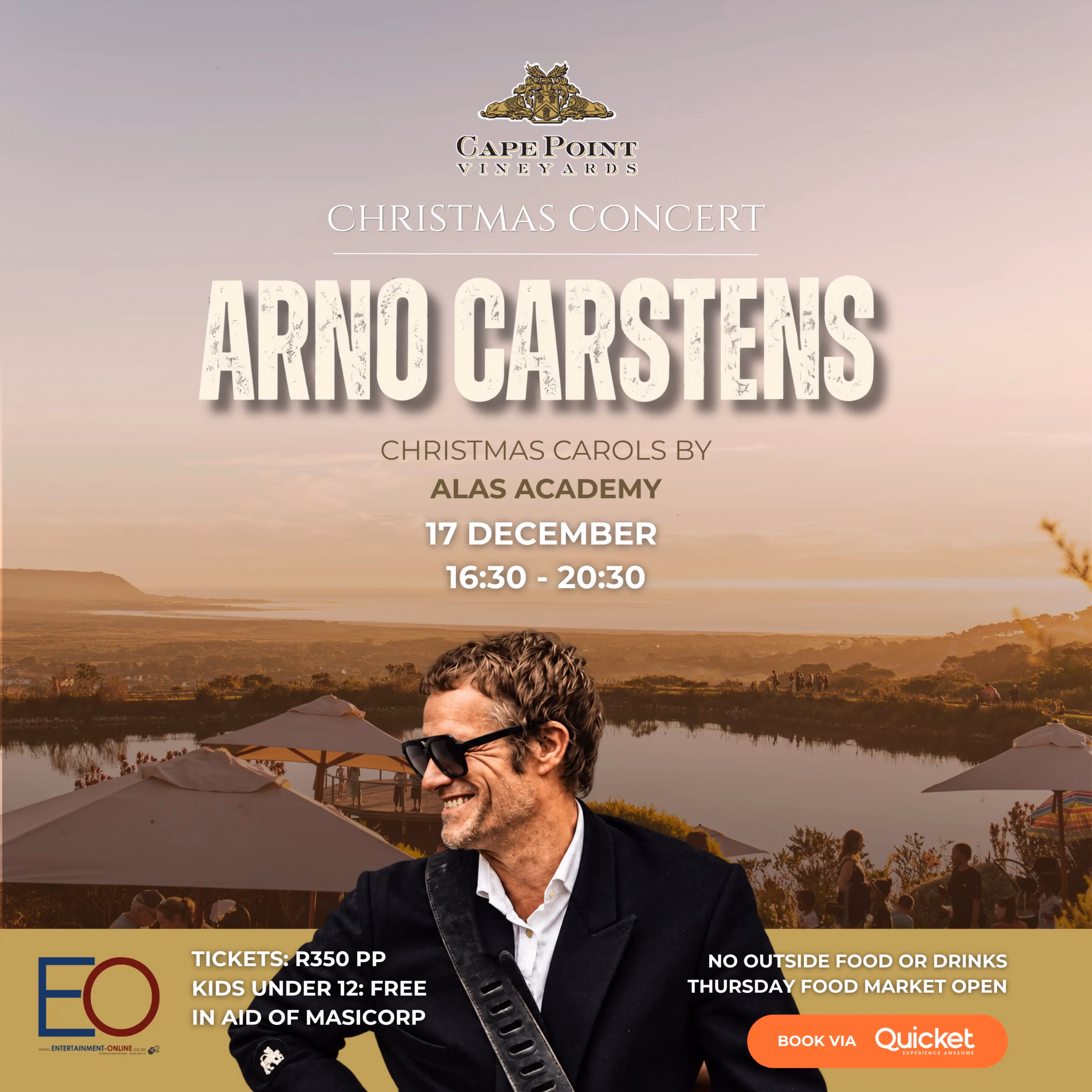 Christmas concert poster featuring Arno Carstens at Cape Point Vineyards in Noordhoek on 17 December 2026 Copy